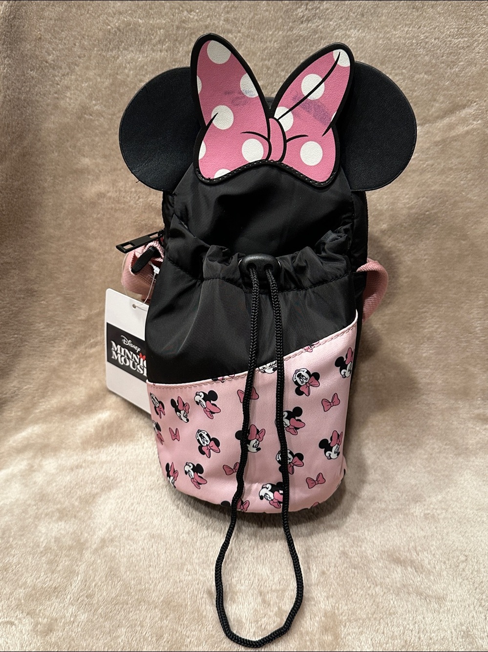 NWT Disney Minnie Pink & Black Water Bottle Drawstring Sling w/ Adjustable Strap